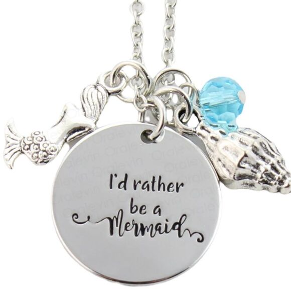 I’d Rather Be A Mermaid Shell Bead Silver Tone Charm Necklace NWT - Picture 1 of 9